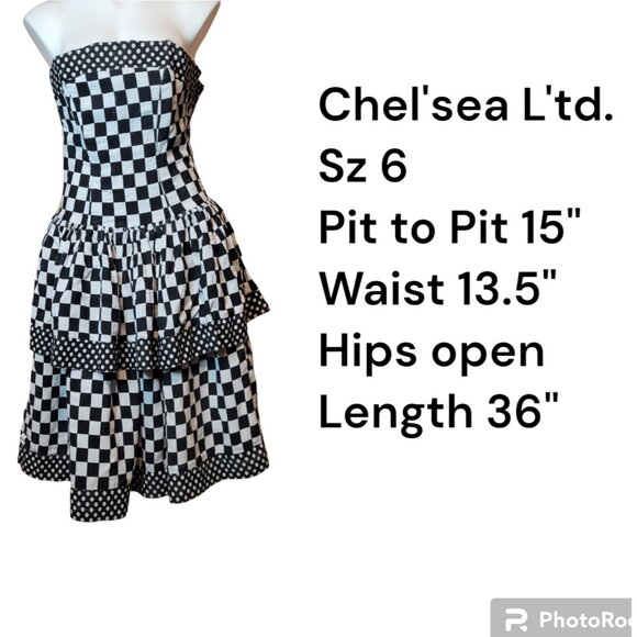 Vintage 80s Strapless Party Dress Black And White Checkered Chel'sea L'td - Picture 2 of 8